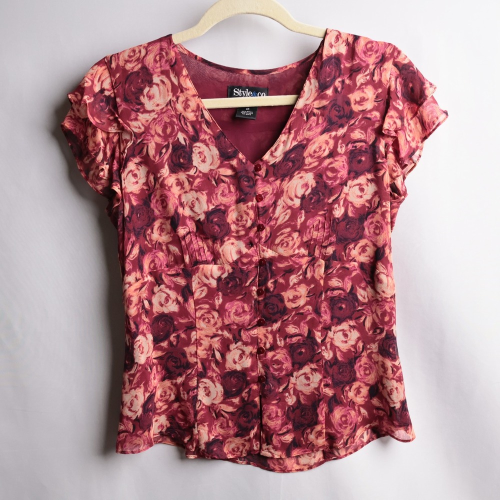 VTG Burgundy Pink Floral V Neck Flutter Sleeve Blouse Roses Fairy Romantic 6P